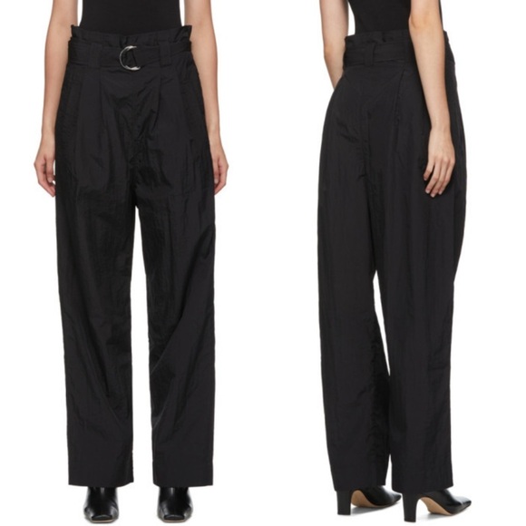 GANNI 90s D-Ring Cinch Belt Pleated High Waist Wide Leg Black Tech Nylon Pants L - Picture 4 of 6